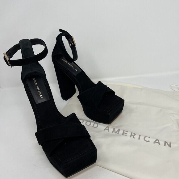 GOOD AMERICAN Description Platform Sandal Womens 9 Black Suede Heels NEW Ankle - Picture 9 of 11